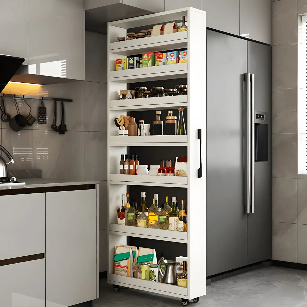 Buffet moderne en bois avec étagères ouvertes et roulettes