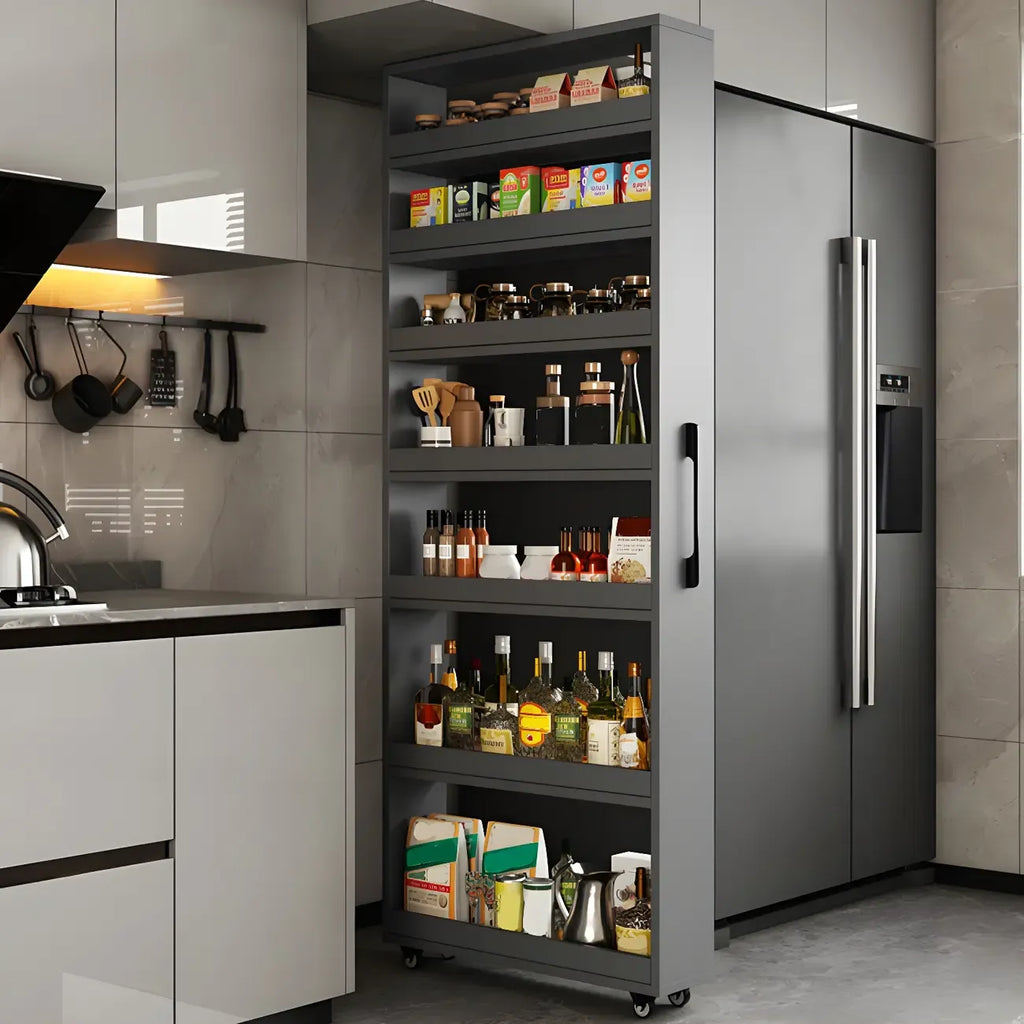 Buffet moderne en bois avec étagères ouvertes et roulettes