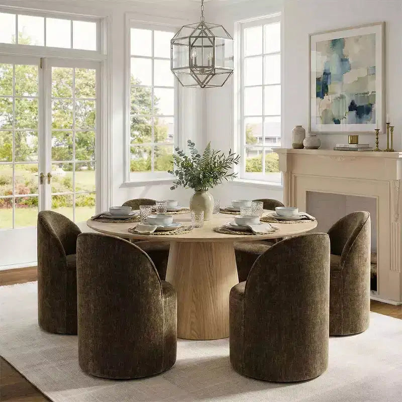 Set da pranzo moderno per 6 persone, tavolo da pranzo rotondo con base centrale, sedie a botte girevoli con ruote, in ciniglia testurizzata - Panipeachy