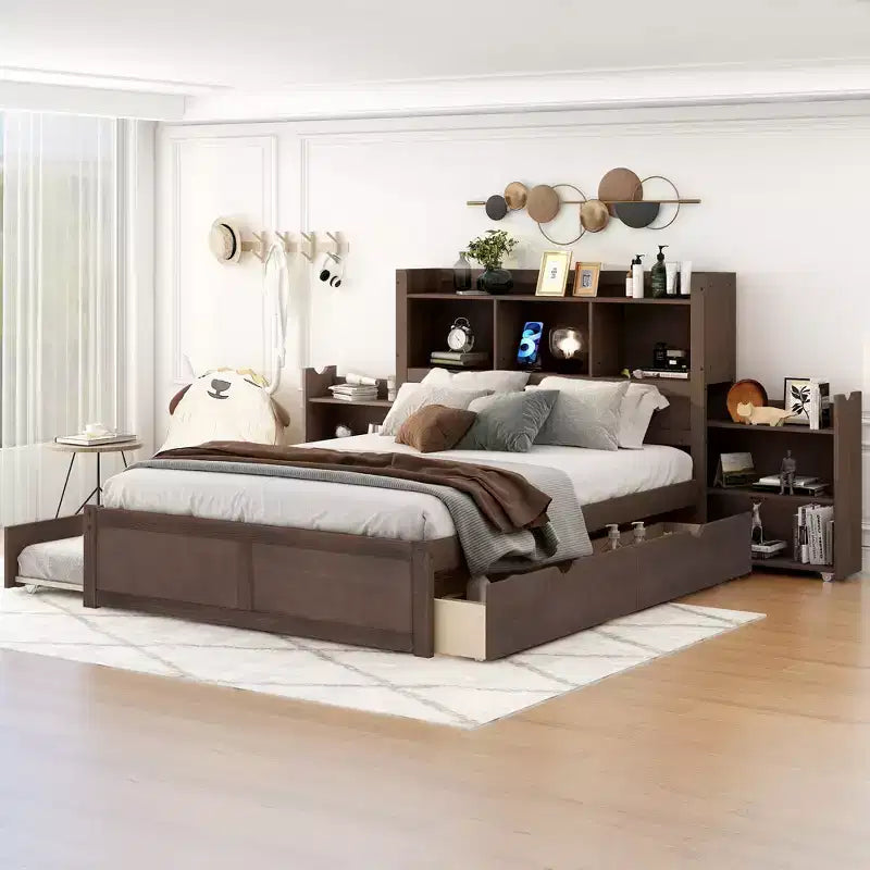 Eenpersoons platformbed met opbergruimte, uitschuifbed, boekenkasthoofdbord en oplaadstation, houten bedframe met planken en laden