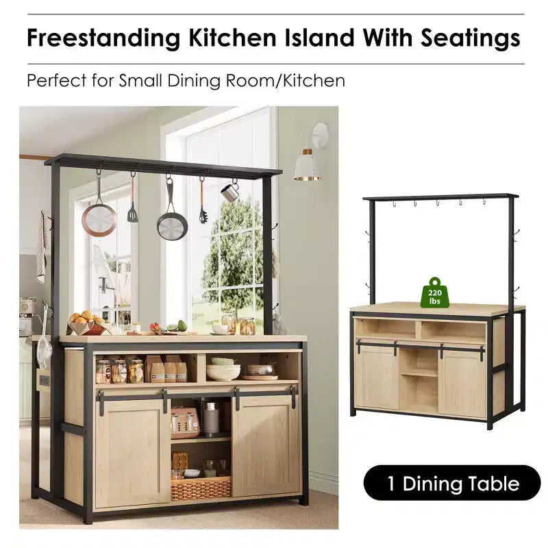 Keukeneiland, bakkersrek met schuifdeur in schuurstijl, groot keukeneiland van 42 inch met magnetronstandaard met 3 niveaus, ovenplanken, koffiebartafelset