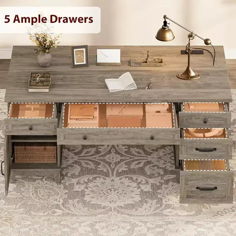 Bureau de direction de 60 po avec tiroirs, bureau à domicile avec station de recharge, bureau d’ordinateur et d’écriture en bois pour étude, table de conférence pour salon