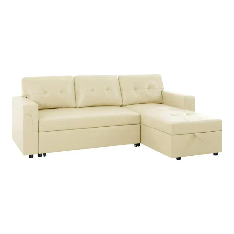 Divano componibile reversibile trasformabile con letto estraibile, chaise longue con contenitore nascosto e gambe resistenti