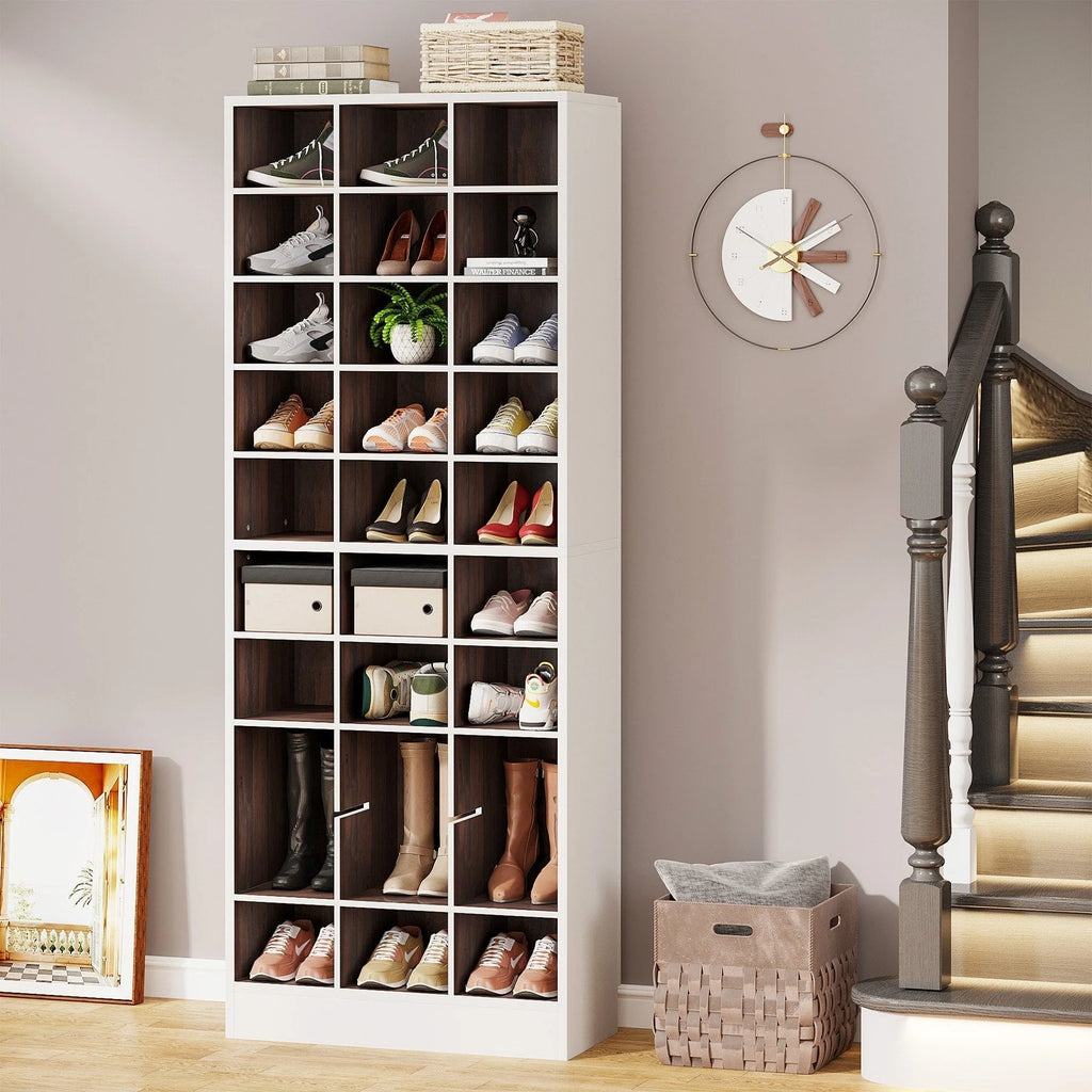 Hoge schoenenkast voor 30 paar schoenen, 10 etages, wit houten schoenenrek voor kledingkast en hal - 10 etages