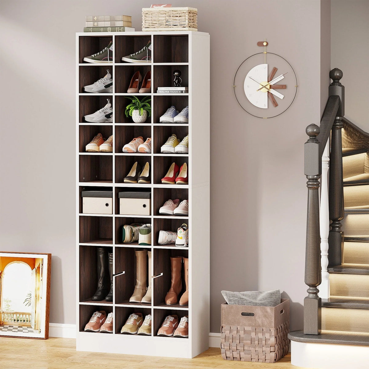 Hoge schoenenkast voor 30 paar schoenen, 10 etages, wit houten schoenenrek voor kledingkast en hal - 10 etages