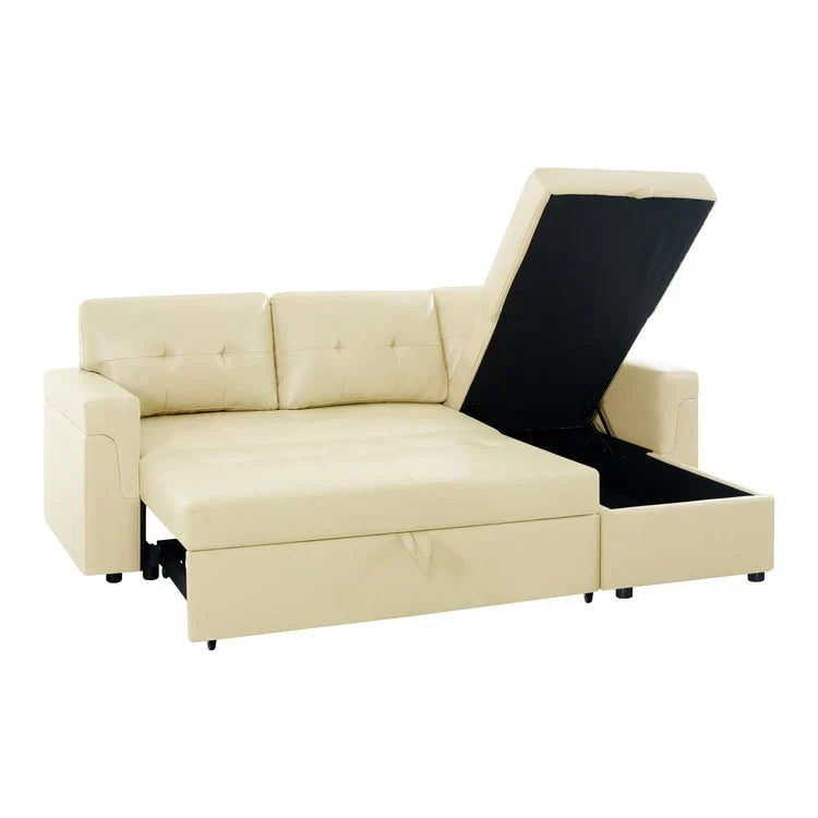 Divano componibile reversibile trasformabile con letto estraibile, chaise longue con contenitore nascosto e gambe resistenti