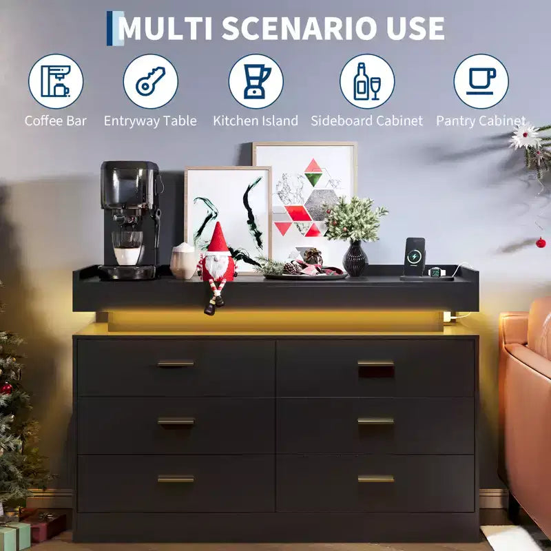 Meuble TV moderne avec 6 tiroirs et éclairage LED, comptoir flottant faisant office de bar à café pour centre de divertissement du salon