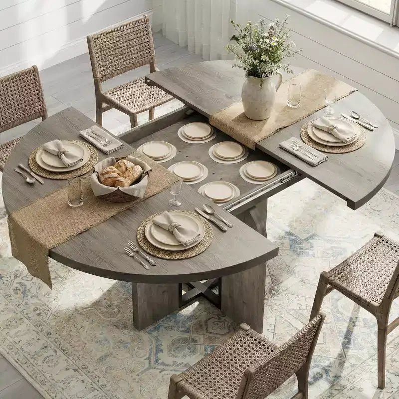 Table à manger ronde extensible de 47 à 63 po pour 4 à 8 personnes, table de cuisine extensible en bois de style champêtre avec structure en métal, table ovale gain de place pour appartement, gris rétro