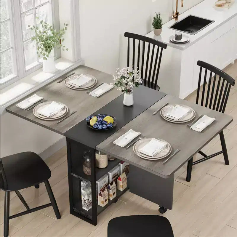Inklapbare eettafel voor de keuken, ruimtebesparende eettafel, uitschuifbare keukentafel met neerklapbaar blad en 6 wielen voor kleine ruimtes
