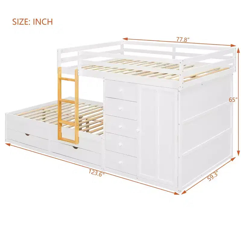 Full over Full Bunk Bed with Storage Wardrobe and Drawers, Full Size Wood Space-Saving Bunk Bed with Guardrail for Apartment, Bedroom