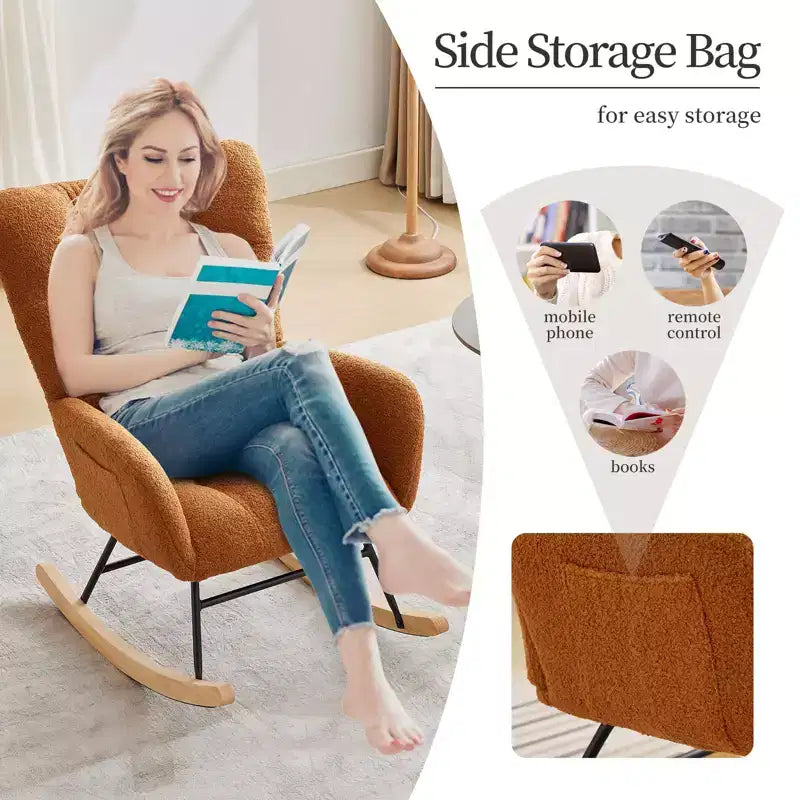 Nursery Rocking Chair, Living Room Glider Rocker for Breastfeeding, Comfy Accent Chairs for Bedroom, Plush Teddy Upholstered Armchairs Indoor