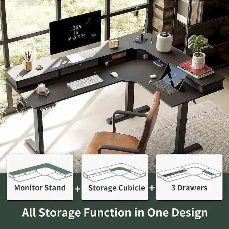 L-Shaped Electric Standing Desk with 3 Drawers & Lockable Casters, 63