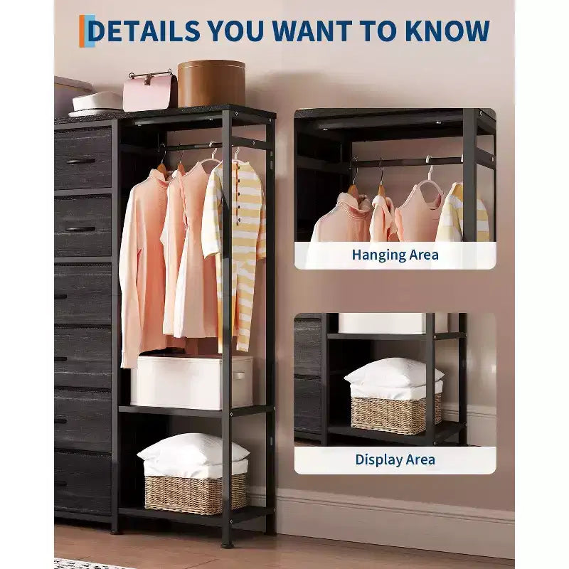 Dresser with 16 Drawers & Hanging Rod & Shelves, Fabric Storage Organizer for Bedroom, Closet, or Entryway