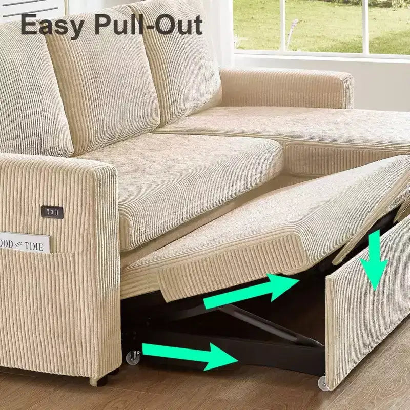 Dyonery 2-in-1-Schlafsofa zum Ausziehen mit Stauraum und Récamiere, Cord-Ecksofa mit USB-Anschlüssen für das Wohnzimmer