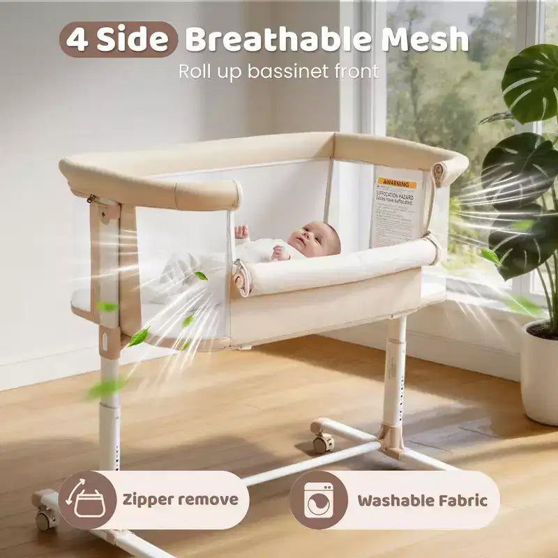 Babywiegje met wielen – beige / grijs / roze, wiegje naast het bed, voor 1 baby