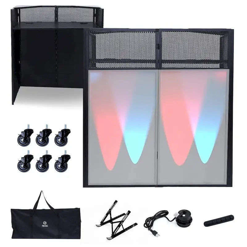 Set da tavolo portatile per DJ con teli schermanti per illuminazione integrati, robusta custodia per il trasporto e dimensioni compatte di 40x20 pollici
