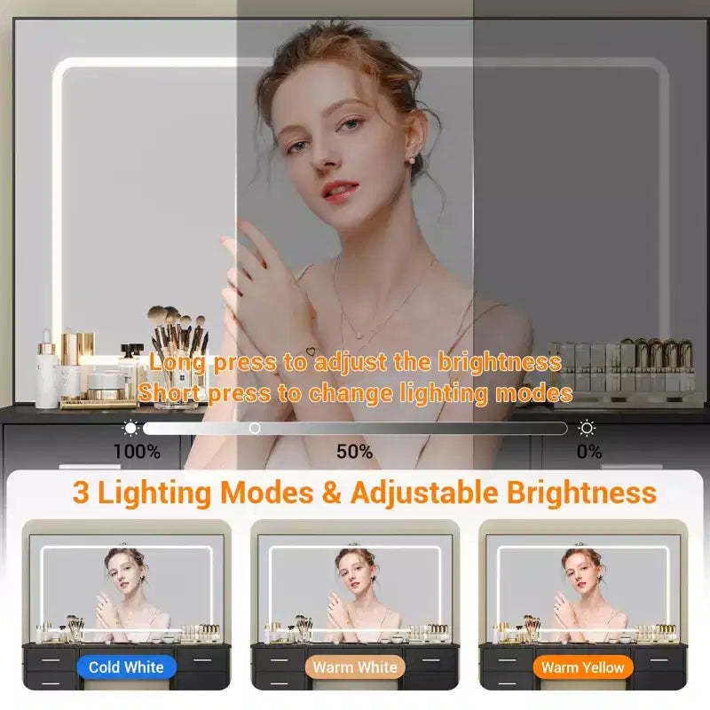 Modern Vanity Desk with Large Mirror, 7 Drawers, LED Lights, Chair, 3 Light Modes, Hair Dryer Holder and Charging Station for Bedroom