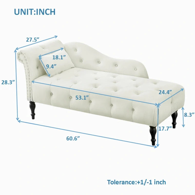 Modern 60.6  Velvet Upholstered Buttons Tufted Chaise Lounge Chair with Solid Wood Legs and Nailheads