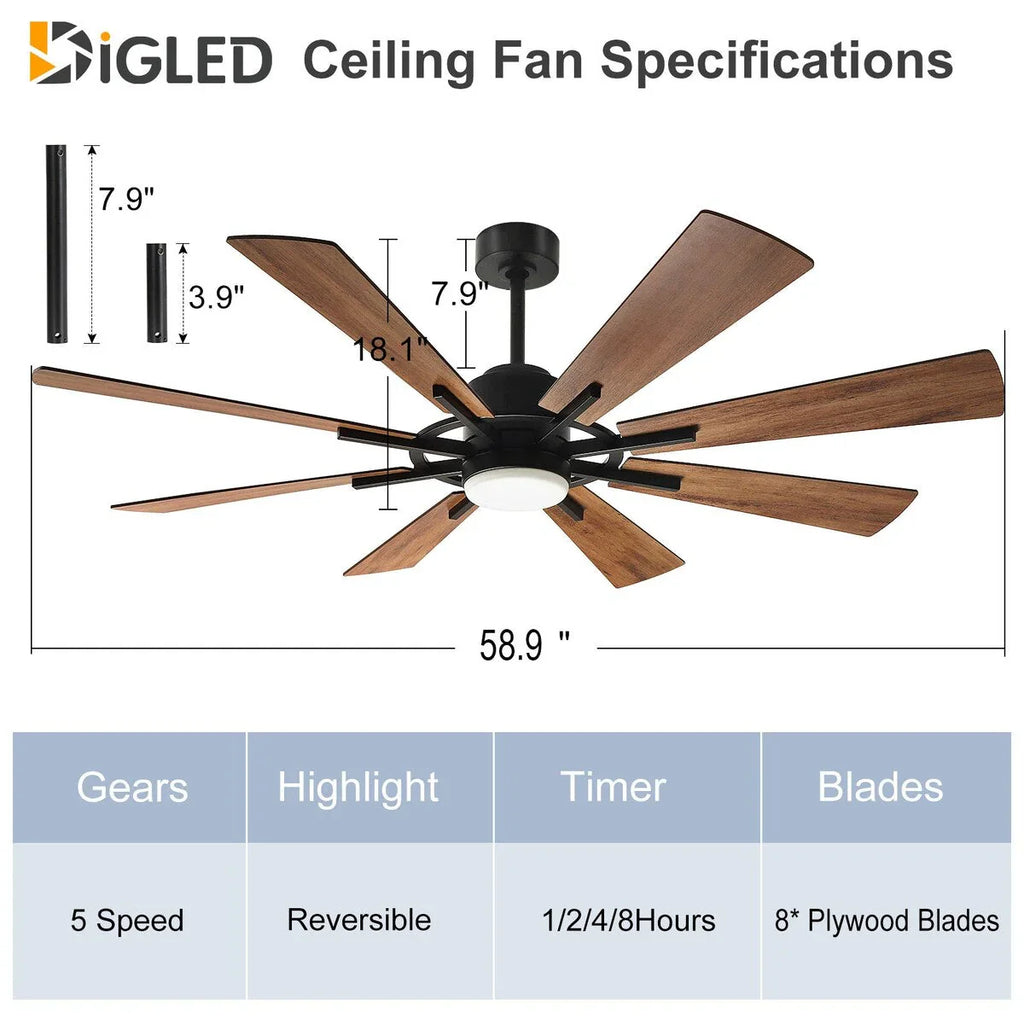 Ventilatore da soffitto con telecomando e luci, grande, con 8 pale in legno