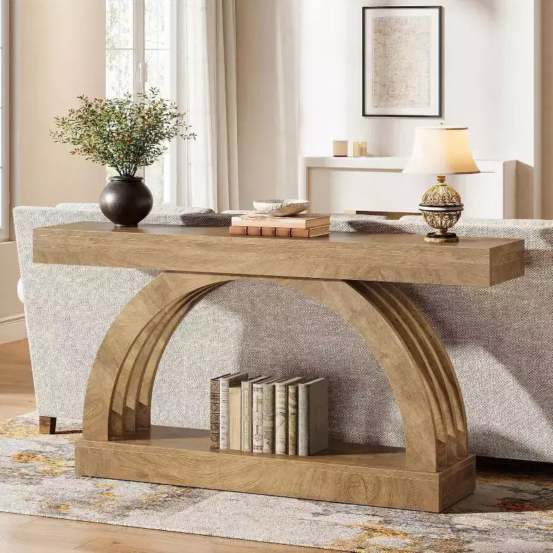 Mesa de entrada Lantine de 63 pulgadas, mesa de sofá de 2 niveles detrás del sofá, consola estrecha de estilo rústico con arco único para pasillo, sala de estar, recibidor, natural