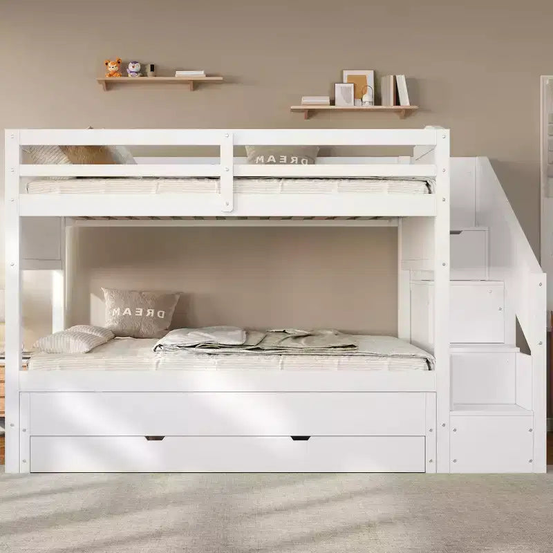 Whisen Twin XL Bunk Bed Frame with Trundle, Bunk Bed with Storage, Bunk Bed with Solid Wood, Storage Staircase, Wardrobe, 3Drawer, for Kids