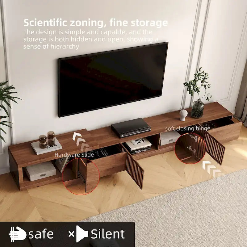 Meuble TV moderne rétractable et extensible avec 4 tiroirs, jusqu’à 103 pouces – 78.54P x 15.74L x 13.78H
