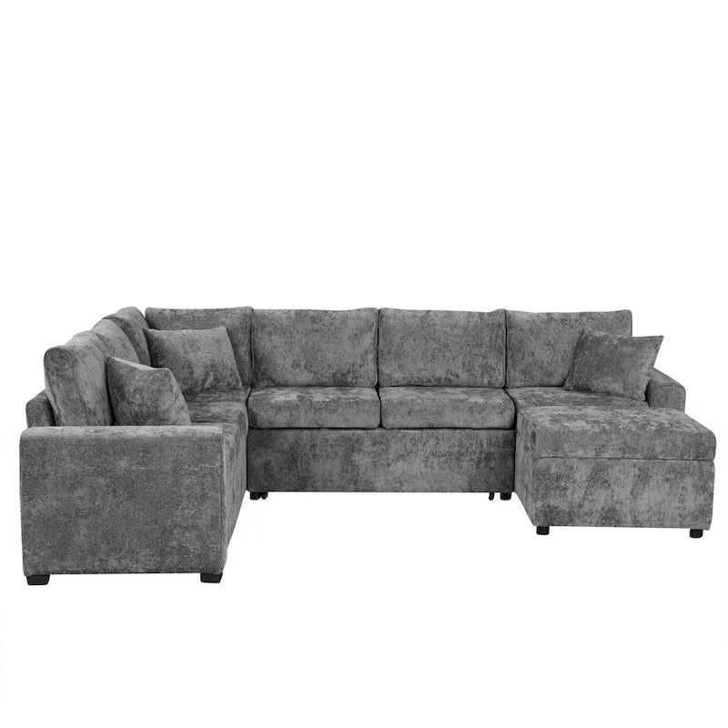 Chenille Sectional Sofa Pull-out Sofa Bed, L-Shape Sleeper Sofa with Storage Ottoman, 3 Pillows and Charging Devices