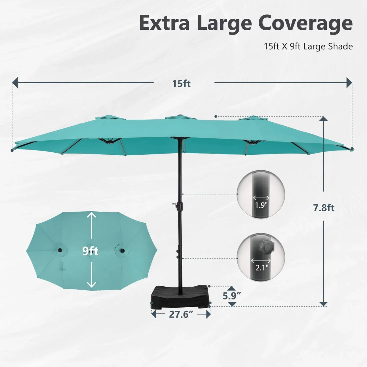 MAISON ARTS dubbele parasol voor terras, 15 ft, extra groot, tweepersoons, inclusief voet