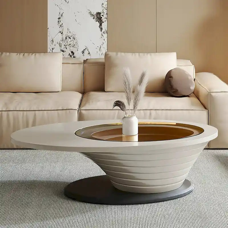 Licht luxueuze, moderne, minimalistische ovale salontafel met glazen tafelblad en grijze basis, 51 inch - L 51,18' B 25,59' H 14,37'