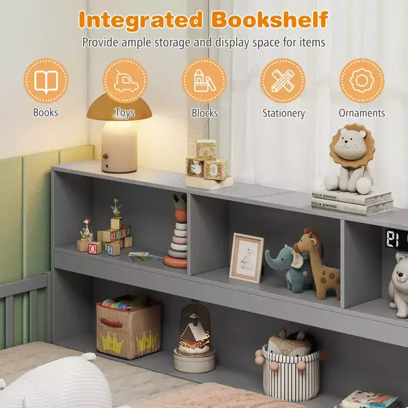 Montessori-vloerbed voor eenpersoons- of tweepersoonsmatras met boekenkast, opbergplanken en veiligheidshekken, wit/grijs