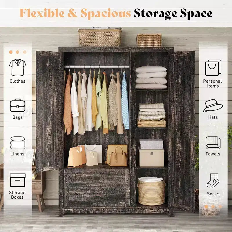 AMERLIFE 47 Farmhouse Wardrobe Armoire with 3 Doors, 2 Drawers, Hanging Rod & Adjustable Shelves, Freestanding Closet Organizer