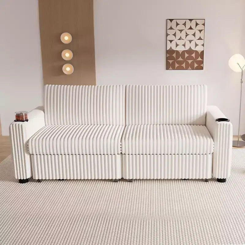 Dyonery 91-delige slaapbank met chaise longue en uitschuifbaar bed, verstelbare rugleuning/twee uitschuifbare bedden/USB-poorten/bekerhouders, zacht corduroy
