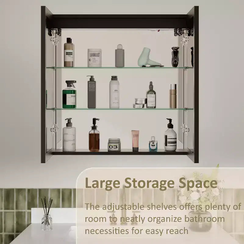Bathroom Medicine Cabinet with LED Mirror, Surface or Recessed Mount, Dimmable Light, Anti-Fog, Adjustable Shelving