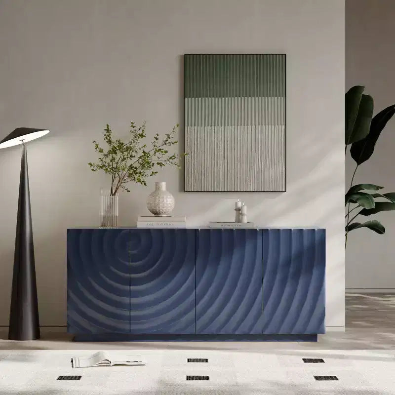 59 moderner Spiralen-Sideboard-Schrank, niedriges dekoratives Aufbewahrungsmöbel für den Eingangsbereich mit Türen in 3D-Wellenoptik