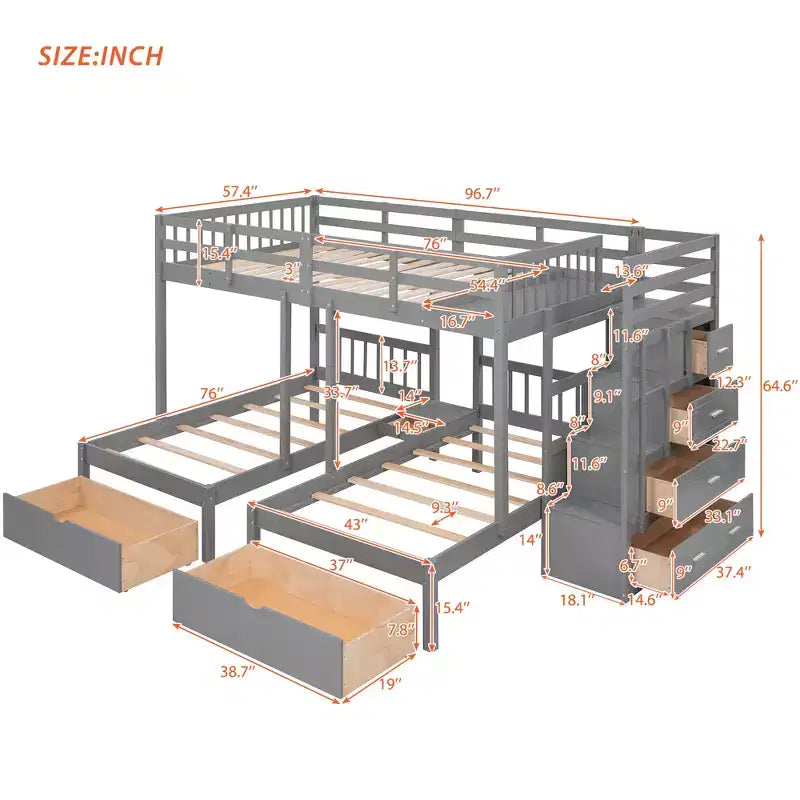 Whisen Full Over Twin & Twin Bunk Bed, Wood Triple Bunk Bed with Drawers and Guardrails