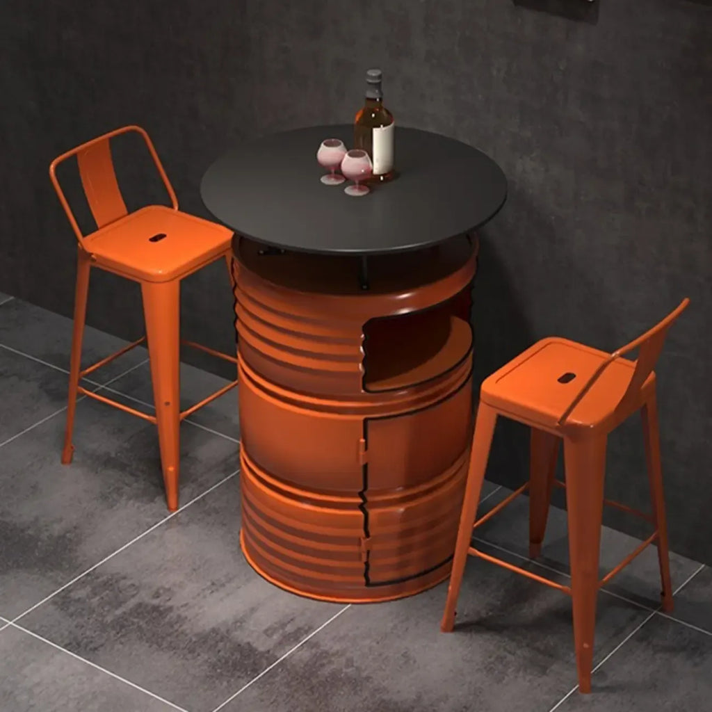 Tables de bar industrielles en métal noir et orange en forme de fût pour rangement
