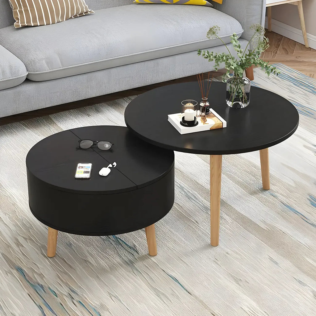 Black White Modern Round Wood Coffee Table with Storage