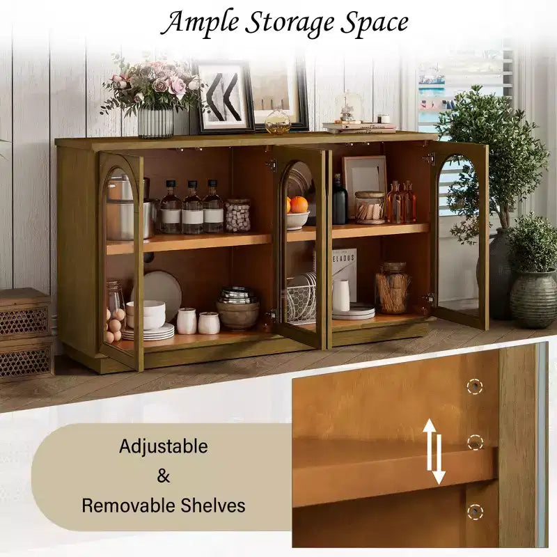 Grande buffet contenitore a 4 ante con ante in vetro, mobile ad arco con ripiani regolabili per la cucina