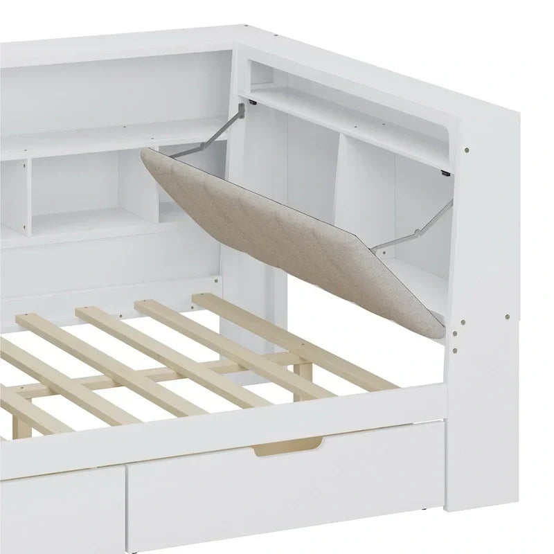 L-förmiges Holz-Sofa-Tagesbett mit Schreibtisch, Bücherregal-Schrank, Eckbett mit Schubladen unter dem Bett, gepolstertem Kopfteil und integrierter Beleuchtung