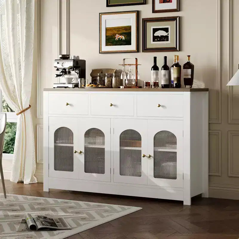55 Inch Storage Cabinet Dining Narrow Buffet Sideboard Cabinet with 3 Drawers and 4 Doors for Kitchen, Dining Room, Living Room