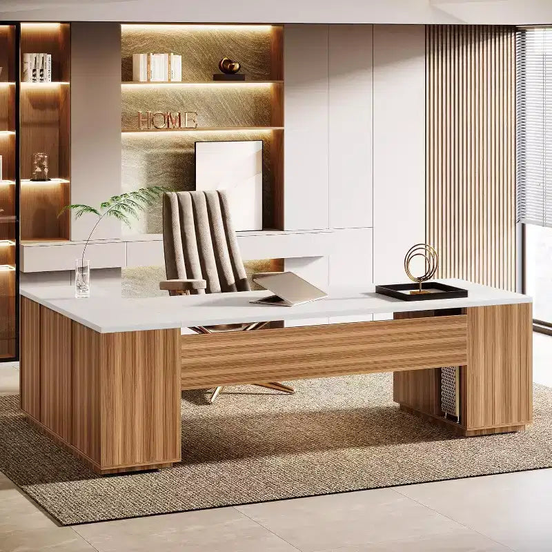 Lantine 85.8 L-Shaped Executive Desk, Extra Large Office Computer Desk with File Drawers for Home Office