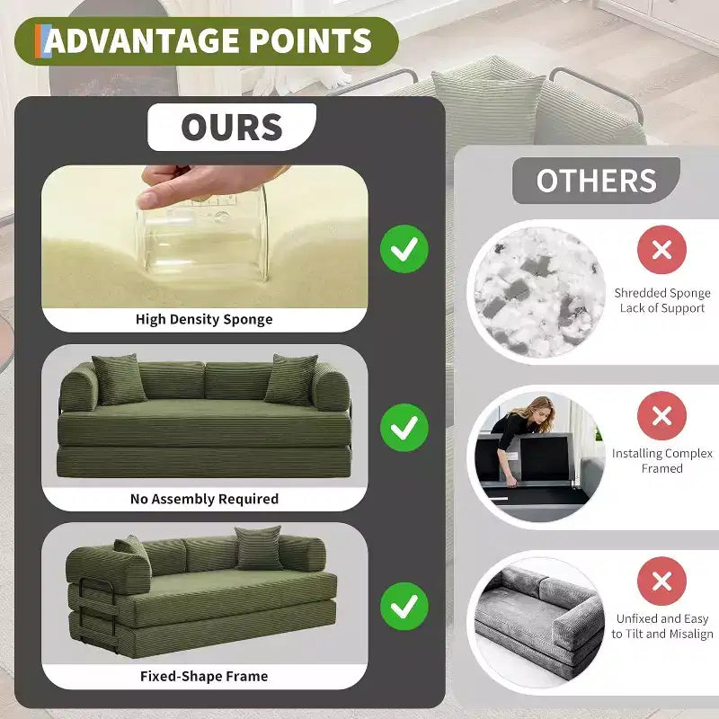 2-in-1-Schlafsofa, bequemes klappbares Cordsofa mit tiefer Sitzfläche und breiten Armlehnen, rahmenloses Sofa für Wohnzimmer und Wohnungen