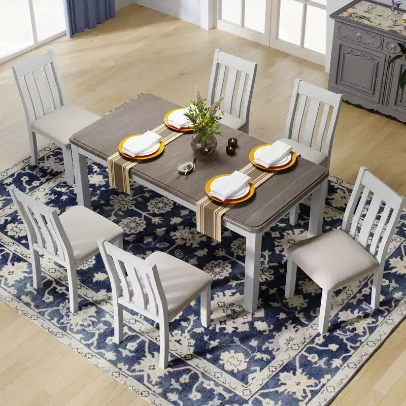 Ensemble de table à manger extensible de style champêtre pour 6 personnes, table rectangulaire et 6 chaises rembourrées