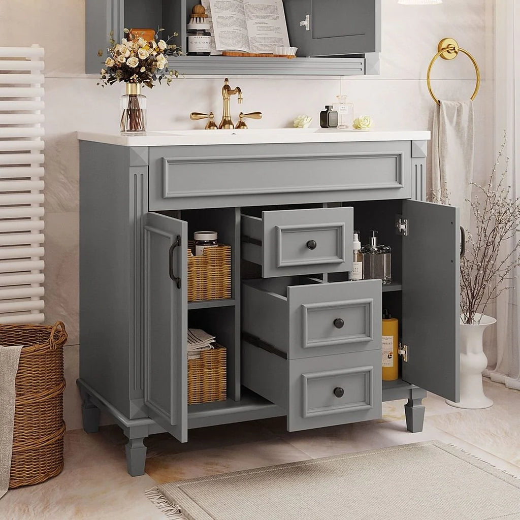 36'' Modern Bathroom Vanity with Top Sink and Mirror Cabinet,2 Doors and 2 Drawers