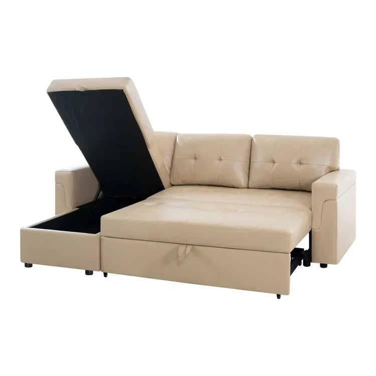 Divano componibile reversibile trasformabile con letto estraibile, chaise longue con contenitore nascosto e gambe resistenti