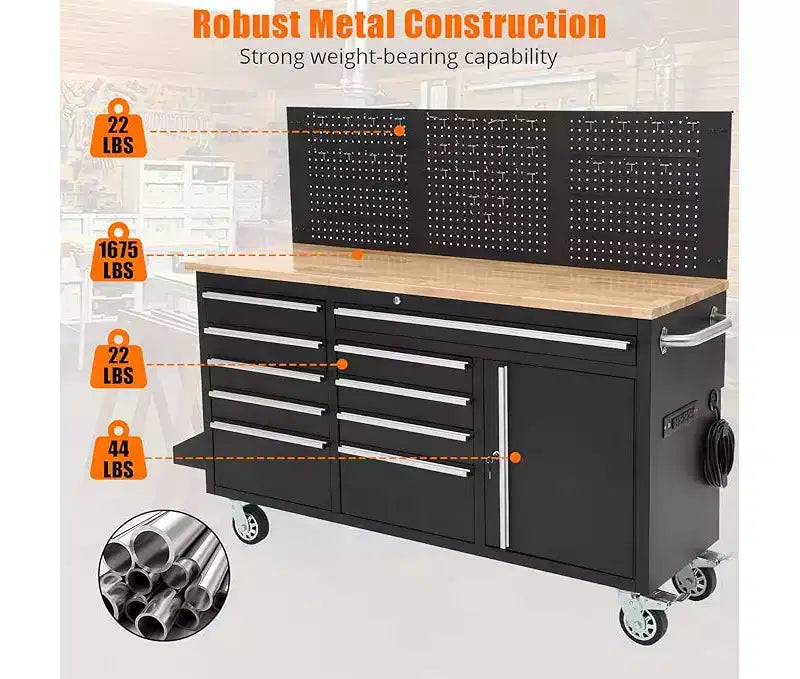 61-Inch 10-Drawer Rolling Tool Chest & Garage Workbench with Power Strip, Solid Rubber Wood Top, 1675 LBS Load Heavy Duty Mobile Workstation Cabinet