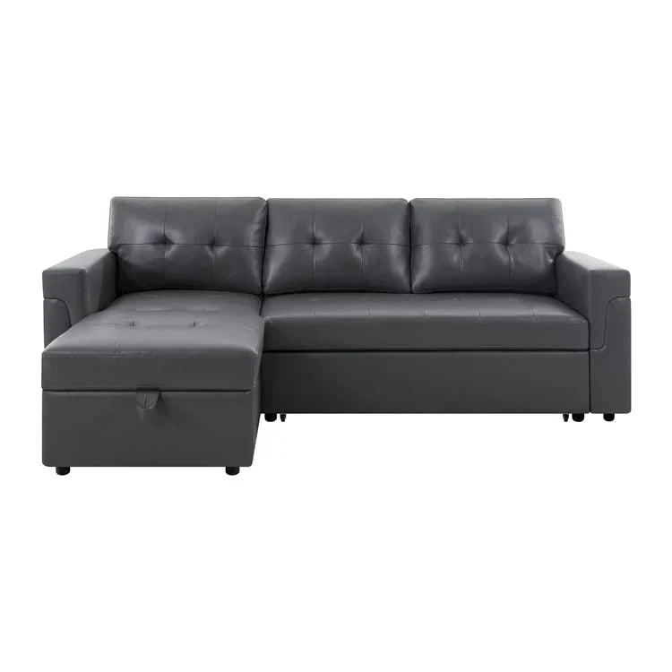 Divano componibile reversibile trasformabile con letto estraibile, chaise longue con contenitore nascosto e gambe resistenti