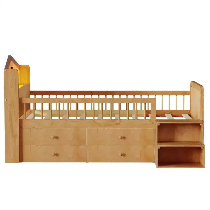 Whisen Low Twin Loft Bed with LED Lights, House Shape Headboard & Storage Drawers, Solid Construction