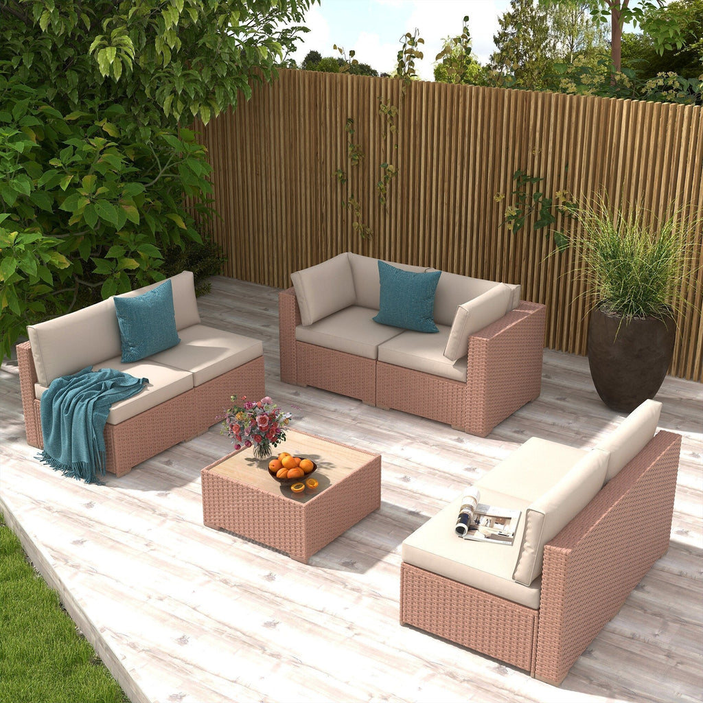 7-teiliges Outdoor-Sitzgruppen-Set aus Korbgeflecht und Stahl mit Polsterung
