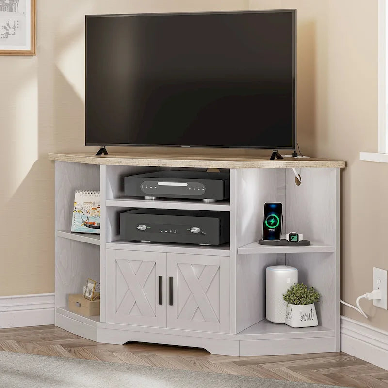 Meuble TV d’angle de style maison de campagne, centre de divertissement et console multimédia pour téléviseurs jusqu’à 55 po, avec prise électrique